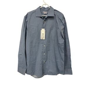Zara Mens Shirt XL Blue Chambray Regular Fit Button Up Long Sleeve 0975/200 NWT